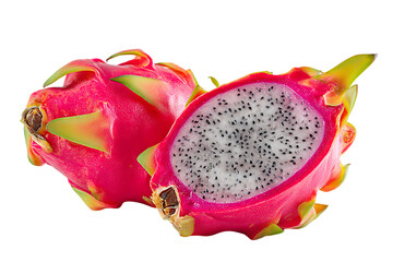 A pair of dragon fruits, one whole and one sliced, presented against a clean white backdrop on transparent background
