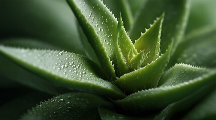 Fototapeta premium Close-up of Vibrant Aloe Vera Plant with Water Droplets Revealing Natural Beauty