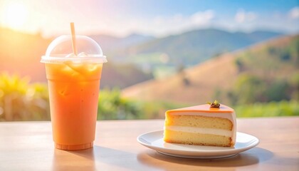 Thai tea with plastic cup and a slice cake