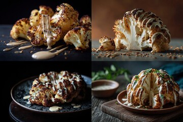 Four images of cooked cauliflower with sauce, arranged for appeal