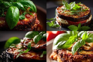 Delicious medley of plated Italian dishes, vibrant basil garnish, in a culinary delight collage