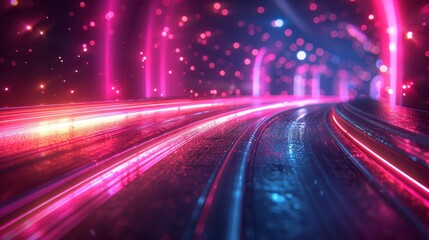 Obraz premium Abstract tunnel with neon pink light trails and blurred bokeh spots in the background
