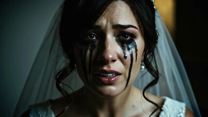 Emotional close up portrait of bride in white veil, with black makeup tears streaming down her face. Concept of tragic wedding, heartbreak, or intense sadness. For dramatic storytelling