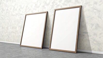 Two Poster Frames on Gray Floor Against Textured Wall for Custom Artwork Showcasing