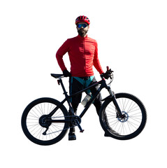 Obraz premium Cyclist riding bicycle on road against clear sky. A man in an outfit stands with a bicycle on an autumn sunny day.