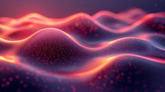 Abstract waves of glowing pink and purple particles over dark background