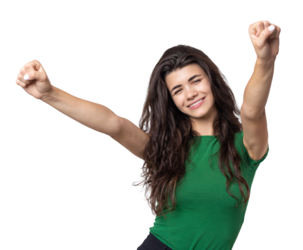 Happy young girl raises her fist up in delight! Successful victory gestures.