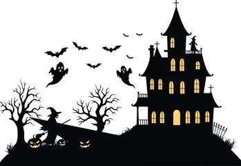 Spooky Haunted House Silhouette with Flying Bats, Ghosts, Witch on Broomstick, Bare Trees, and Jack-o'-Lanterns, Perfect for Halloween Night Celebrations, Flat Vector Illustration