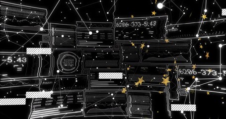 Drifting nodes and stars entering wireframe panels sliding overlays updating codes visualizing data