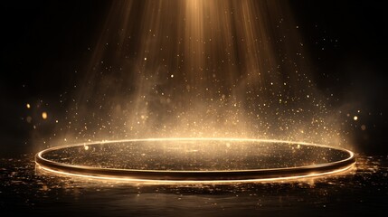 Illuminated circular platform with golden light effects.