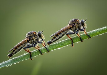 Dew-Covered Robber Flies on a Blade of Grass – Morning Macro Nature Scene