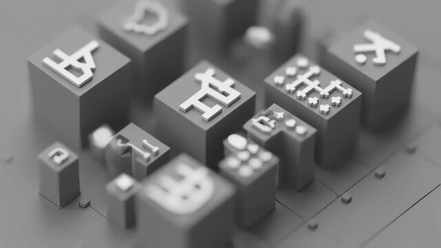 Abstract gray cubes with white symbols