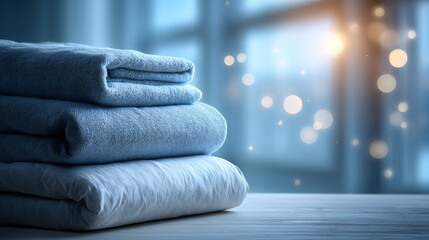 Soft, folded blue towels stacked neatly on a wooden surface with a blurred, softly lit background featuring bokeh lights.