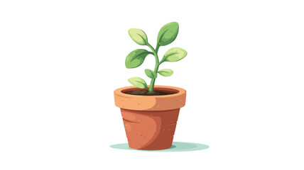 Fototapeta premium The image is a digital illustration of a young plant with several small, bright green leaves growing from a slender stem. The plant is potted in a small, light brown terracotta pot. 