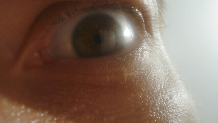 Human eye close up with dramatic side lighting and skin texture