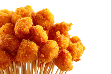 On transparent background a closeup shot of crispy fried chicken nuggets on wooden skewers presented against