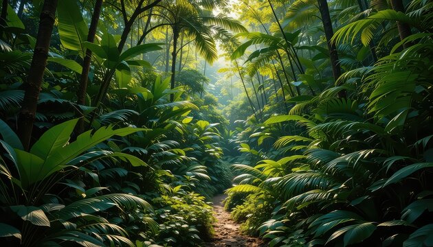 Lush green jungle path with dense vegetation and sunlight streaming through the canopy above