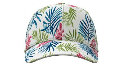 White baseball cap with lush tropical print, perfect summer accessory for beach vacation and everyday style.