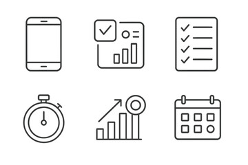 Mobile device, data analysis, checklist, stopwatch, graph, calendar icons set