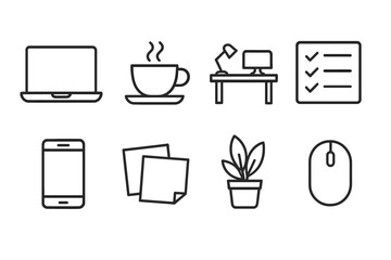 Minimalist office icons featuring laptop, coffee, desk, checklist, phone, sticky notes, plant, mouse