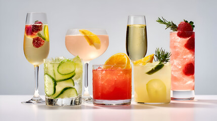 Fototapeta premium Refreshing Cocktails: Assortment of Colorful Drinks with Fruit Garnishes on White Surface