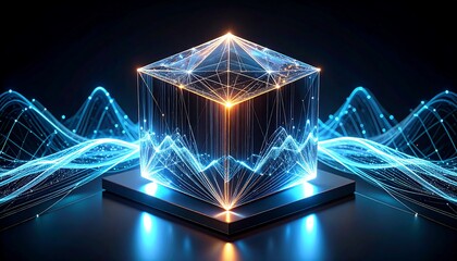 Glowing Cube with Data Streams and Abstract Light Patterns