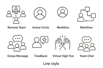 Line style icons: remote work, workflow, communication, team collaboration