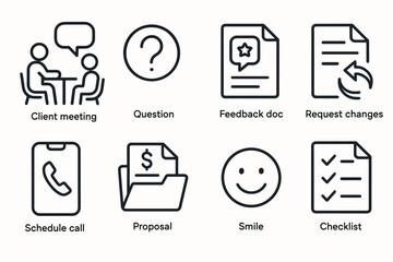Business icon set illustrating client meetings, feedback, and task management