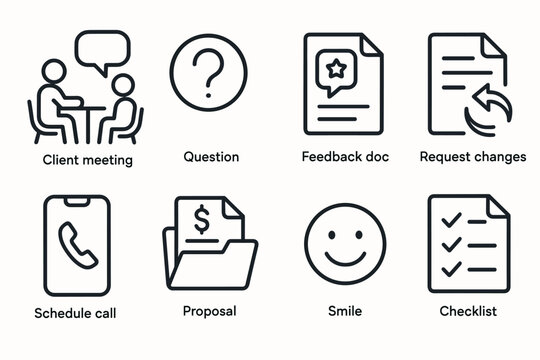 Business icon set illustrating client meetings, feedback, and task management