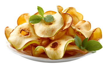 Dehydrated apple slices with fresh mint leaves, a healthy snack on a white plate on transparent background