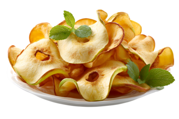 Dehydrated apple slices with fresh mint leaves, a healthy snack on a white plate on transparent background