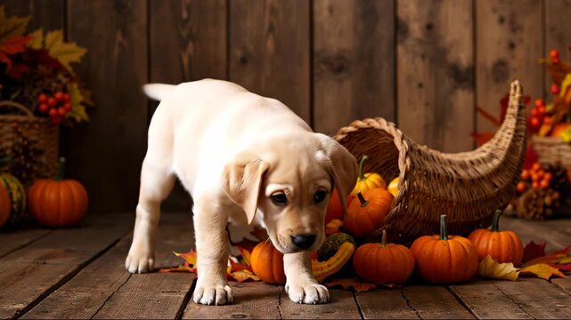 Cute labrador puppy sitting near wicker cornucopia filled with orange pumpkins and gourds. Thanksgiving harvest celebration for autumn festivities and seasonal decorations horizontal video