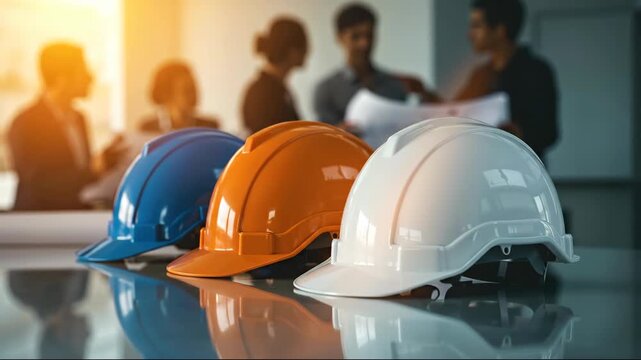 Three colorful hard hats blue orange white on reflective surface with construction workers meeting in background. Safety equipment for construction industry and workplace protection horizontal video