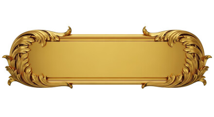 Ornate golden rectangular plaque with scrollwork isolated on transparent background