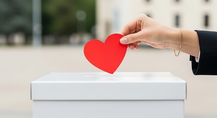 A hand places a red heart-shaped cutout into a donation box.