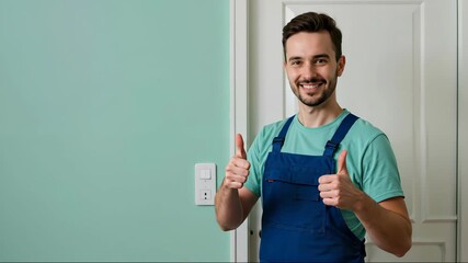Smiling handyman in blue overalls giving thumbs up after completing home renovation work. Professional service quality and customer satisfaction concept for construction marketing