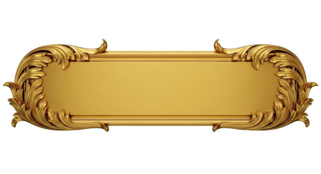 Ornate golden rectangular plaque with scrollwork isolated on transparent background