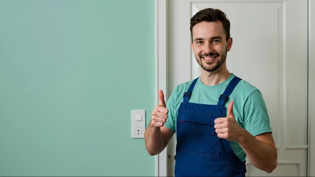 Smiling handyman in blue overalls giving thumbs up after completing home renovation work. Professional service quality and customer satisfaction concept for construction marketing