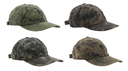 Four camouflage hats, a showcase of diverse patterns and styles for outdoor enthusiasts.