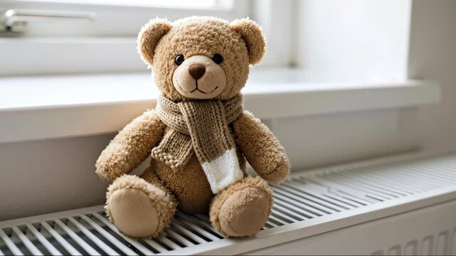 Brown teddy bear with knitted scarf sitting on white radiator near window. Childhood comfort and warmth concept for toy products and heating services horizontal video