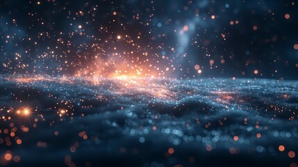 Galaxy-like swirling nebulous lights against a dark background with many glowing points