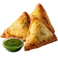 Three golden brown samosas with a bowl of green chutney and mint leaves on transparent background