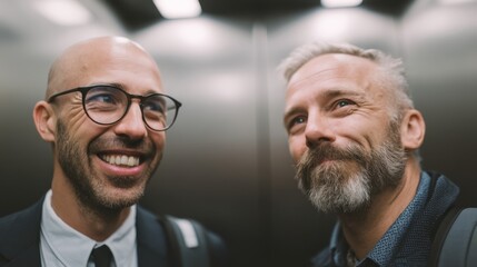 Two middle-aged men with glasses smile and share a moment in an elevator with metallic walls.