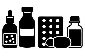 Collection of medical bottles pills and blister pack icons
