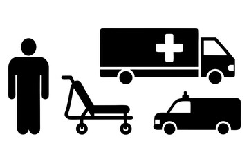 Medical transport icons ambulance stretcher and patient