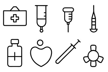Medical icons set featuring first aid kit syringe and heart symbol