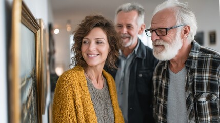 Three smiling seniors admire artwork in a gallery, enjoying a cultural and social outing together.
