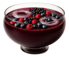 Circular glass punch bowl of elderberry morse, with floating ice rings and assorted berry garnishes.