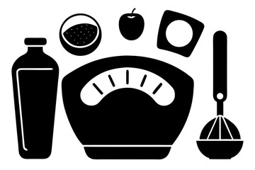 Healthy lifestyle icons featuring scale apple and kitchen tools