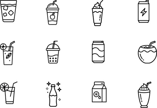 Cold drinks and smoothies icon bundle with juice and soda